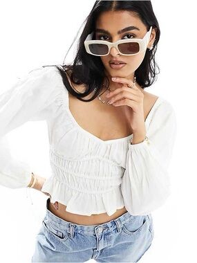 ASOS Design - Women's White Smocked Peasant Crop Top with Sweetheart Neckline
